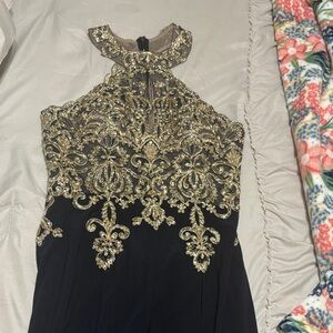 Xscape Navy Maxi  Dress with Gold Detailing